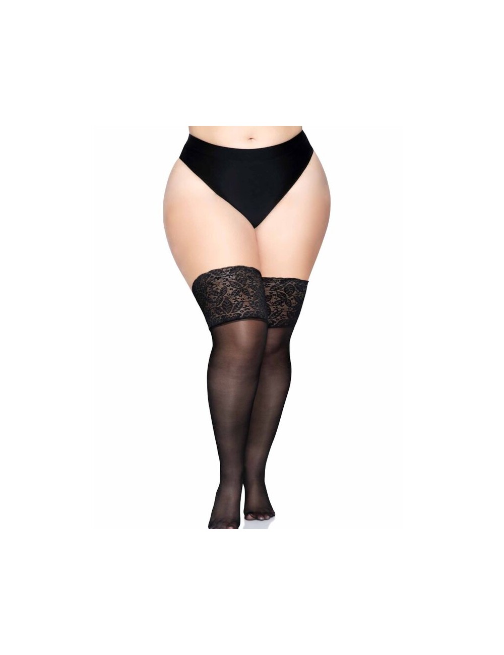 LEG AVENUE MEDIAS NEGRAS AUTOADHESIVAS CON ENCAJE ANCHO PLUS SIZE