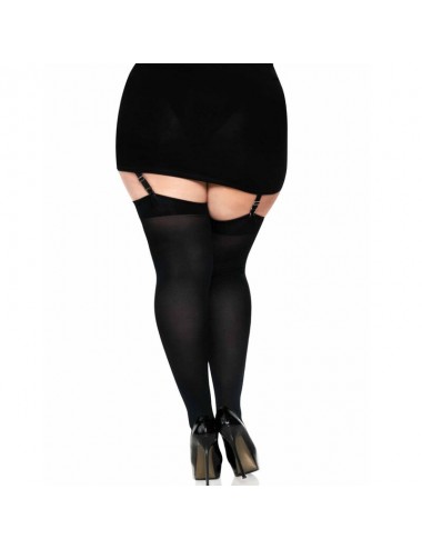 LEG AVENUE - CUISSES HAUTES EN NYLON NOIR AVEC NOEUD NOIR GRANDE TAILLE