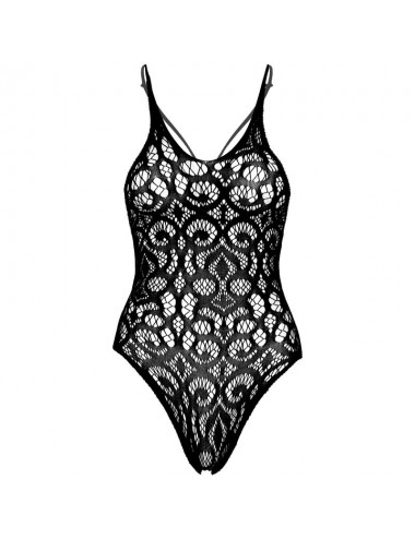 LEG AVENUE SEAMLESS SCROLL LACE TEDDY - NOIR