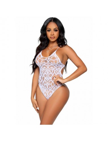 LEG AVENUE SEAMLESS SCROLL LACE TEDDY - BLANC