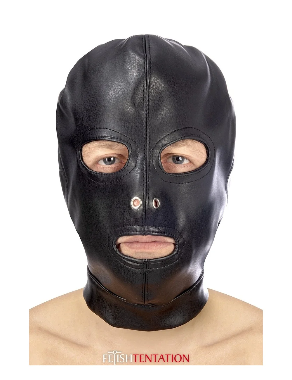 Cagoule BDSM 3 ouvertures en simili cuir - Fetish Tentation Cagoule BDSM 3 ouvertures en simili cuir - Fetish Tentation