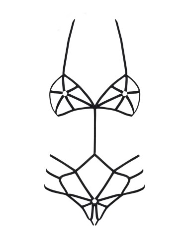 Body coupe spider avec lanières noire et un anneau métallique sur le téton slave