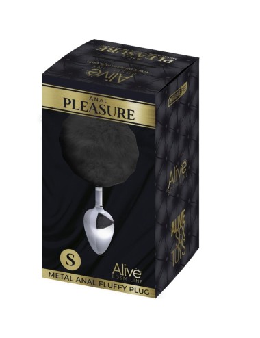 ALIVE - PLUG DE PLAISIR ANAL LISSE MÉTAL FLUFFY NOIR TAILLE S