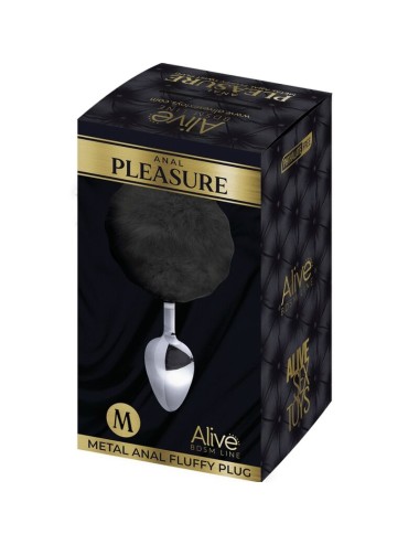 ALIVE - PLUG DE PLAISIR ANAL LISSE MÉTAL FLUFFY NOIR TAILLE M