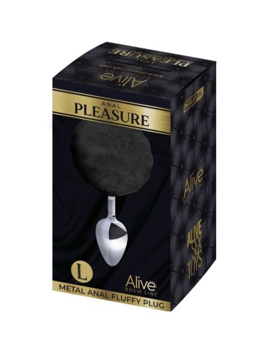 ALIVE - PLUG DE PLAISIR ANAL LISSE MÉTAL FLUFFY NOIR TAILLE L