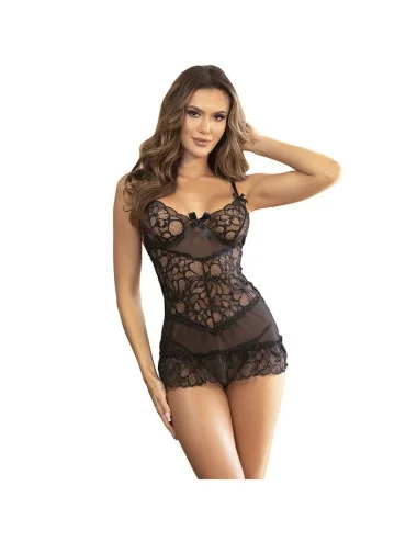 SUBBLIME - BABYDOLL  BRETELLES RÉGLABLES ET DENTELLE TRANSPARENTE IMPRIMÉ FLEURI NOIR L/XL