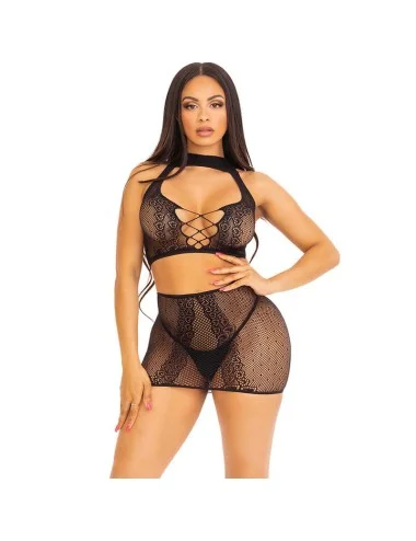 LEG AVENUE - HAUT ET JUPE EN DENTELLE OUVERTE NOIRE