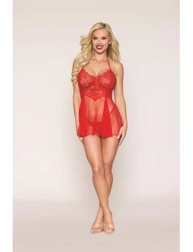 Nuisette rouge en résille et dentelle florale, string assorti - DG13524RED