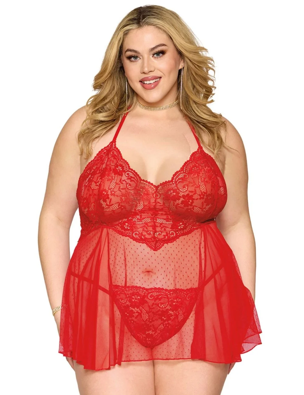 Nuisette grande taille rouge en résille et dentelle florale, string assorti - DG13524XRED Nuisette grande taille rouge en résille et dentelle florale, string assorti - DG13524XRED