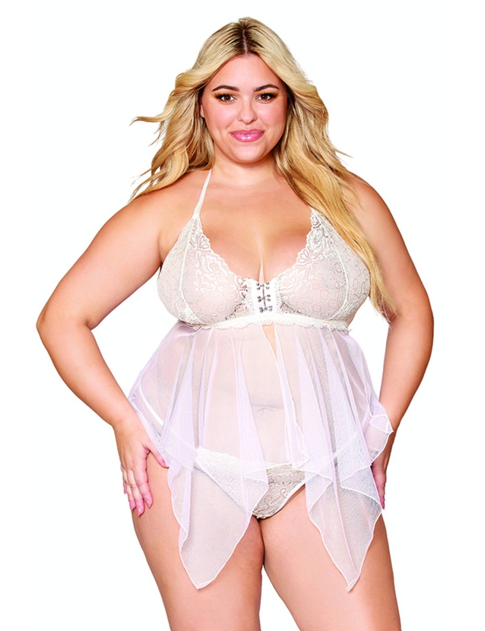 Babydoll et string grande taille en résille et dentelle blanche - DG13314WHT Babydoll et string grande taille en résille et dentelle blanche - DG13314WHT