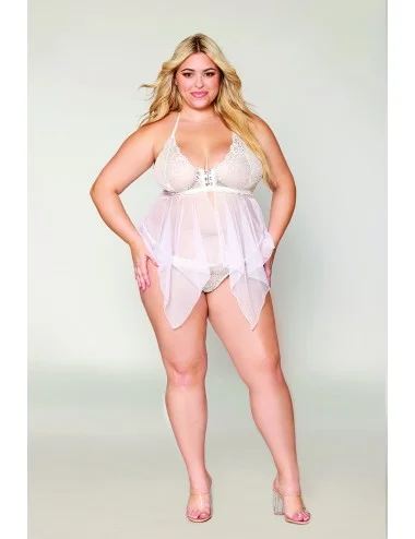 Babydoll et string grande taille en résille et dentelle blanche - DG13314WHT