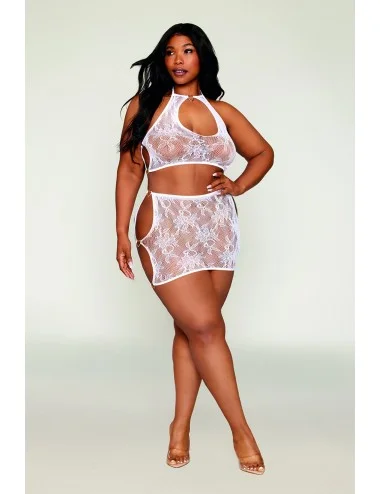 Ensemble 2 pièces grande taille top et jupe en résille fantaisie blanche - DG13309WHT