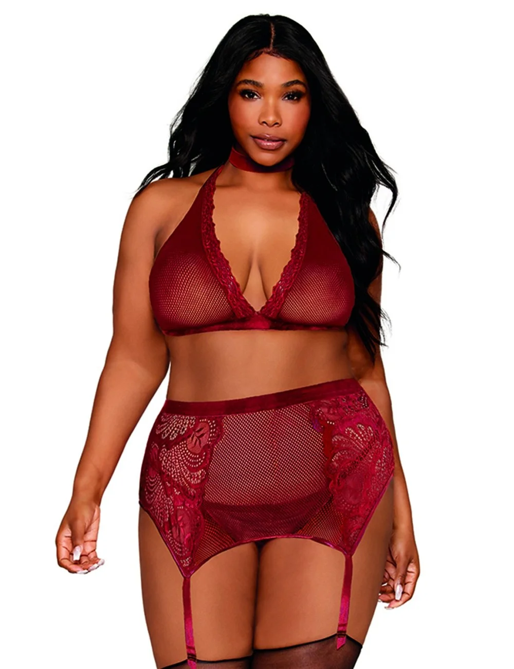 Ensemble 4 pièces grande taille soutien gorge, tour de cou, string et porte jarretelles rouge - DG11776XGAR Ensemble 4 pièces grande taille soutien gorge, tour de cou, string et porte jarretelles rouge - DG11776XGAR