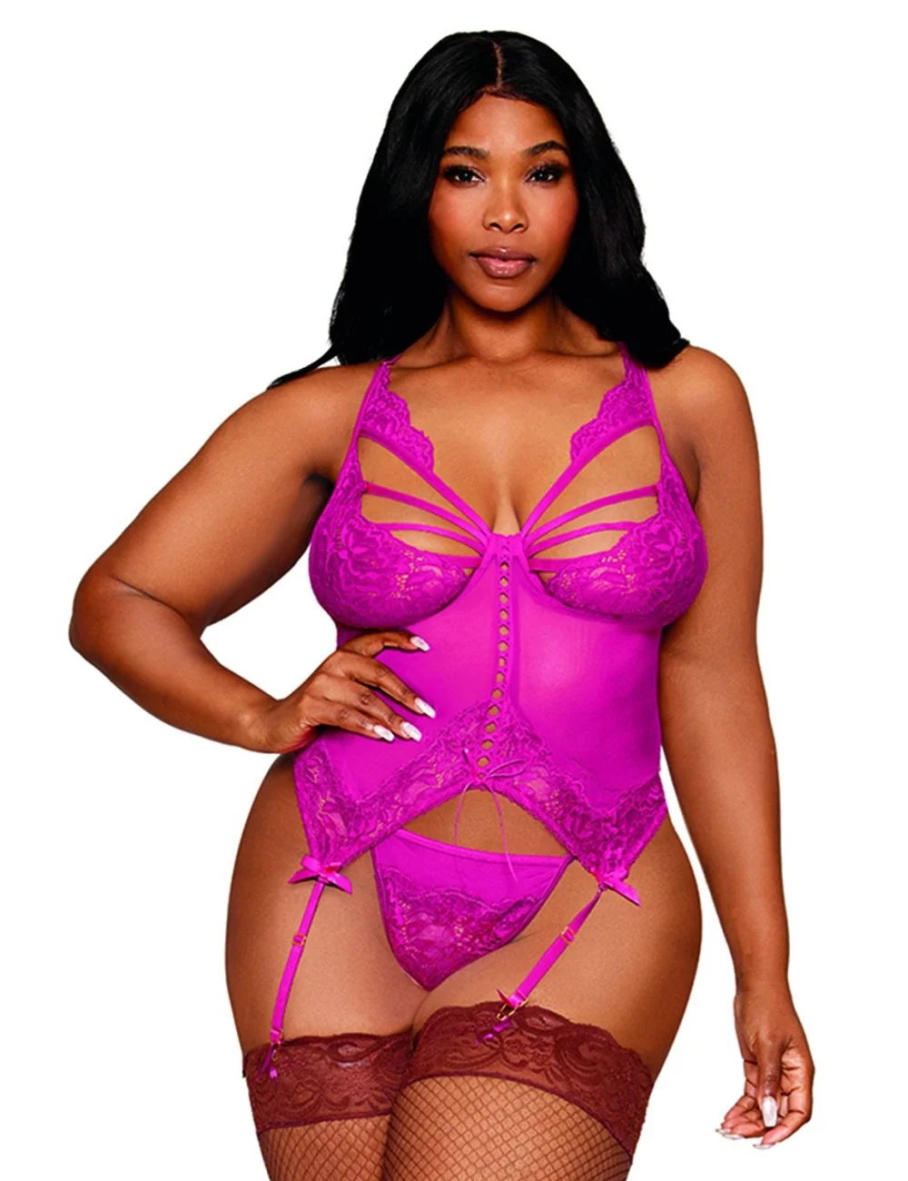 Bustier porte jarretelles grande taille rose avec string - DG13283XBEE Bustier porte jarretelles grande taille rose avec string - DG13283XBEE