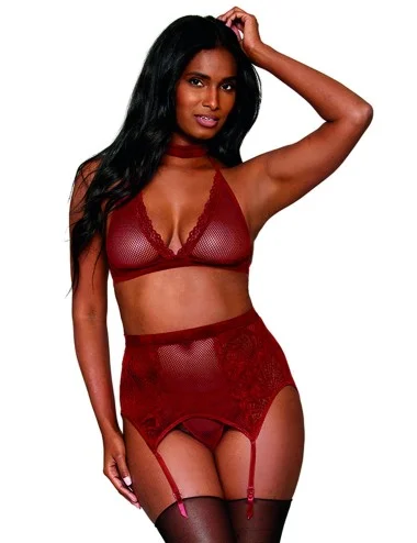 Ensemble 4 pièces soutien gorge, tour de cou, string et porte jarretelles rouge - DG11776GAR