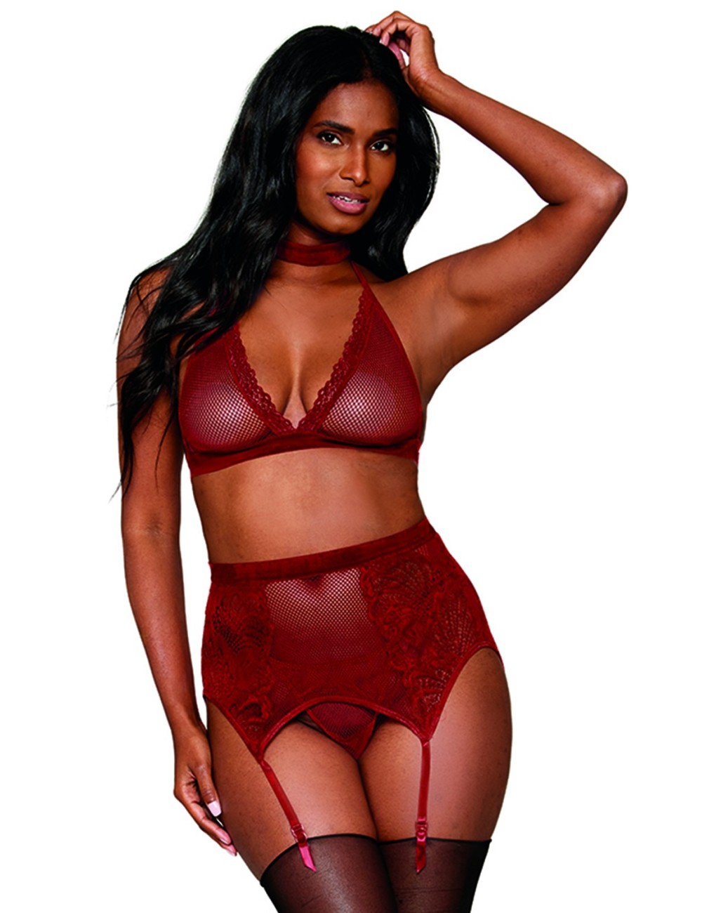 Ensemble 4 pièces soutien gorge, tour de cou, string et porte jarretelles rouge - DG11776GAR