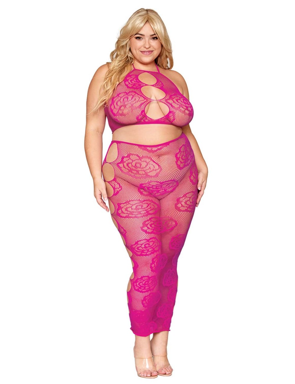 Ensemble Soutien-gorge et jupe longue en filet rose, grande taille - DG0485XBEE Ensemble Soutien-gorge et jupe longue en filet rose, grande taille - DG0485XBEE