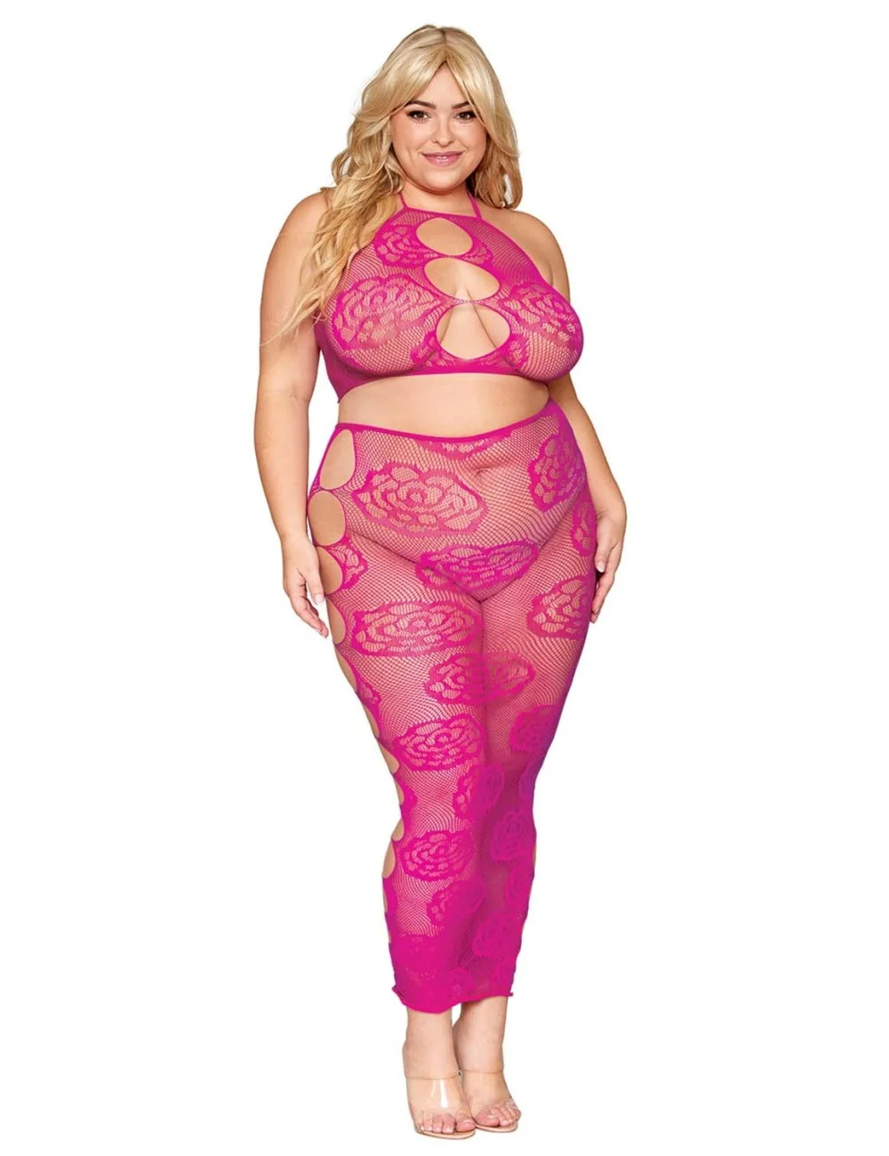 Ensemble Soutien-gorge et jupe longue en filet rose, grande taille - DG0485XBEE Ensemble Soutien-gorge et jupe longue en filet rose, grande taille - DG0485XBEE