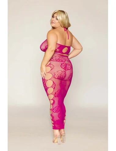 Ensemble Soutien-gorge et jupe longue en filet rose, grande taille - DG0485XBEE