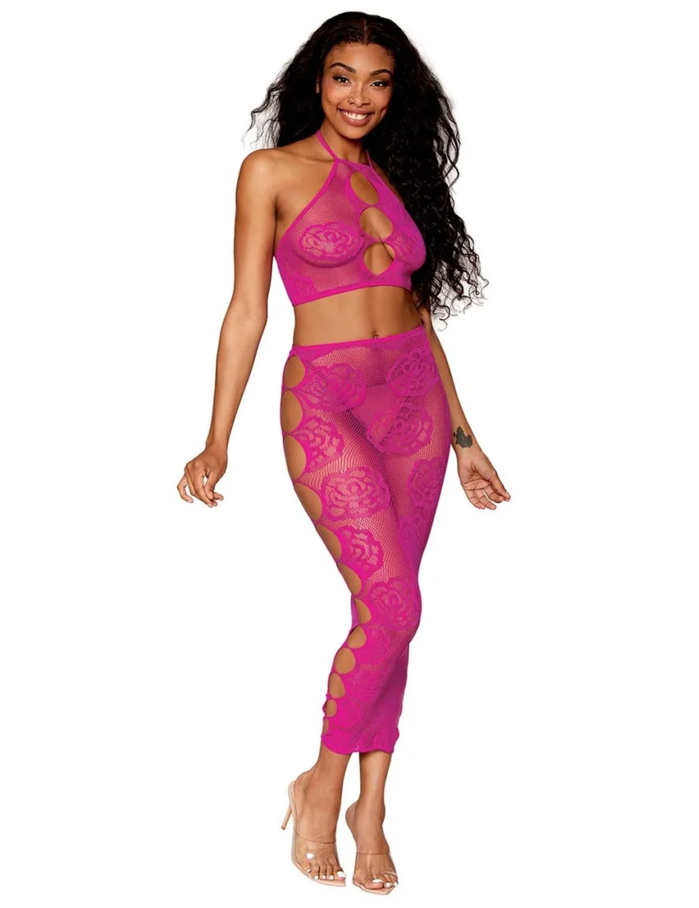 Ensemble Soutien-gorge et jupe longue en filet rose - DG0485BEE Ensemble Soutien-gorge et jupe longue en filet rose - DG0485BEE