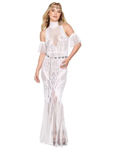 Robe bodystocking en résille et dentelle blanche - DG0490WHT