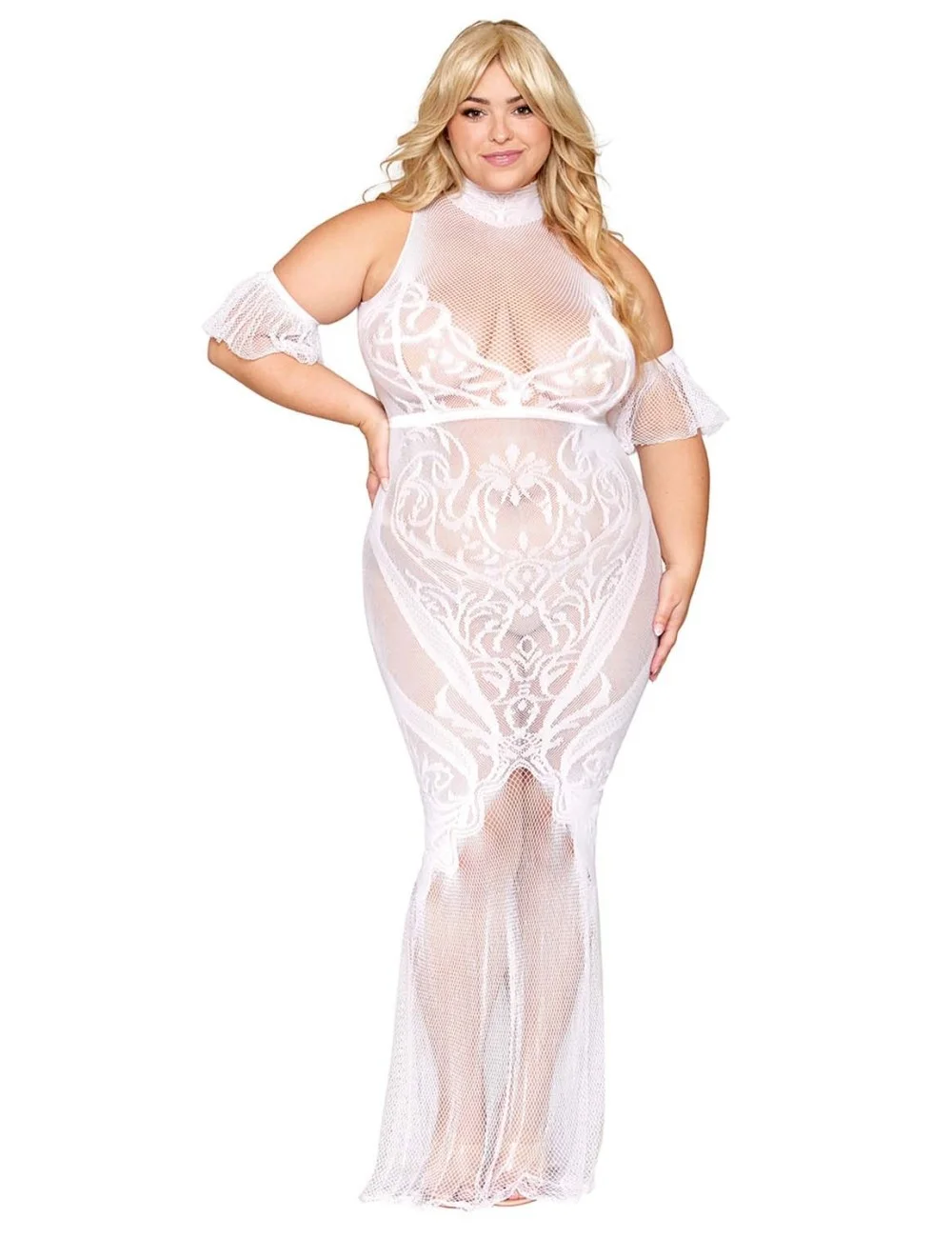 Robe bodystocking, grande taille, en résille t dentelle blanche - DG0490XWHT Robe bodystocking, grande taille, en résille t dentelle blanche - DG0490XWHT