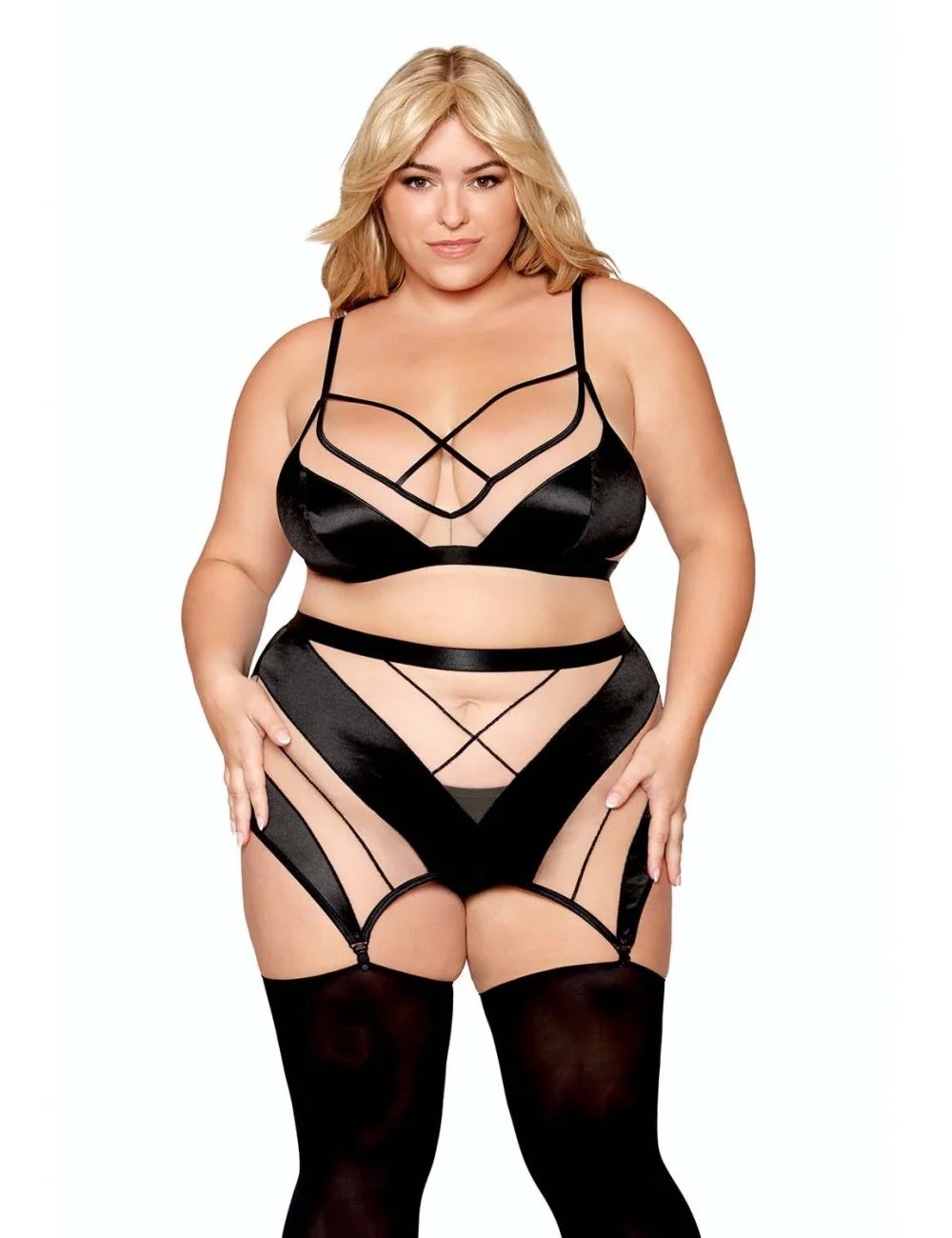 Ensemble grande taille avec Soutien-gorge, jupe porte-jarretelles, string - DG13377XBLK Ensemble grande taille avec Soutien-gorge, jupe porte-jarretelles, string - DG13377XBLK