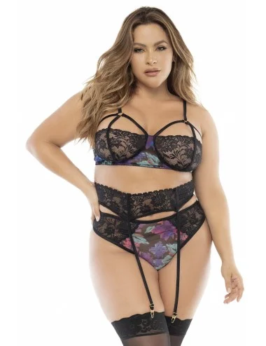 Deux-en-un, nuisette et ensemble trois pièces noir, grande taille, tissu fleur exotique - MAL7496XBLK