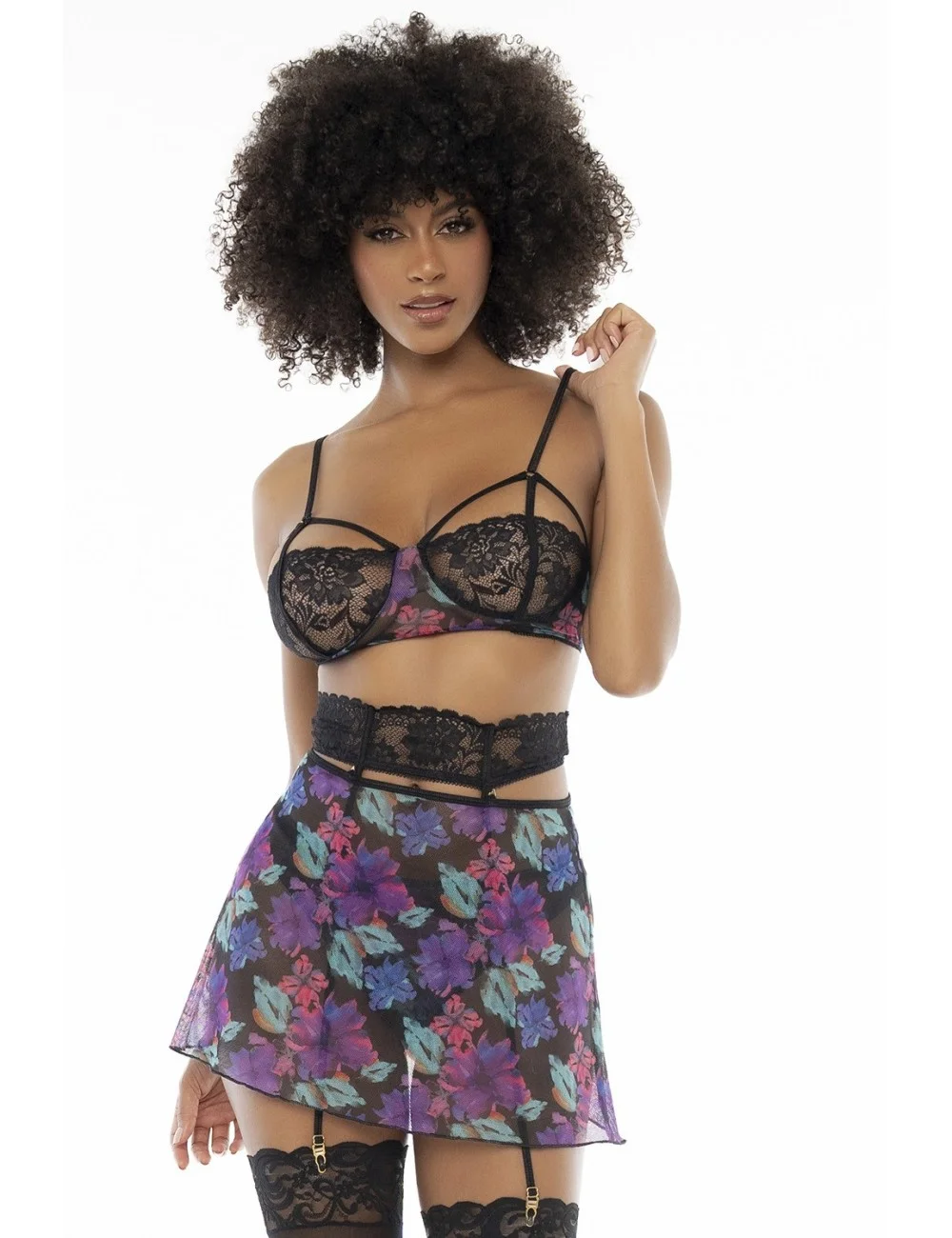 Deux-en-un, nuisette et ensemble trois pièces noir, tissu fleur exotique - MAL7496PRT Deux-en-un, nuisette et ensemble trois pièces noir, tissu fleur exotique - MAL7496PRT