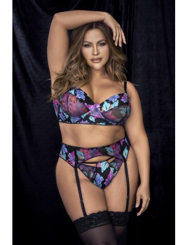 Ensemble trois pièces noir, grande taille, imprimé fleurs exotiques- MAL8770XPRT