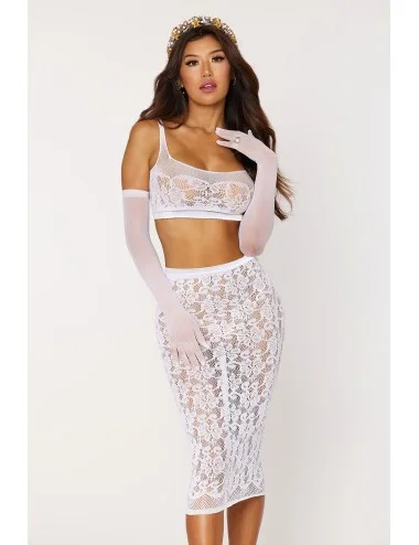 Ensemble 2 pièces, brassière résille fantaisie et jupe longue assorti - DG12921WHT