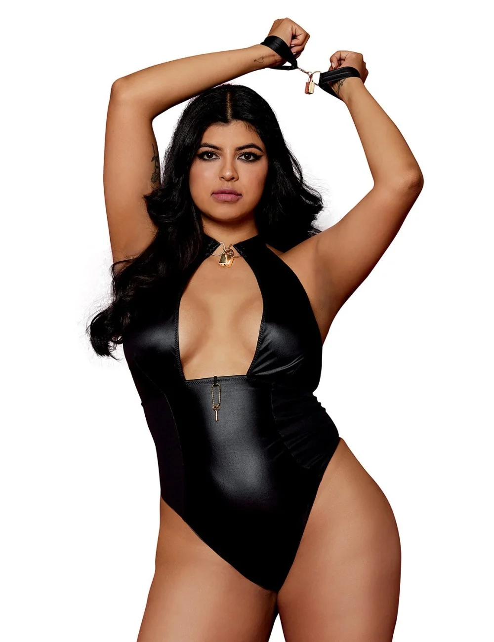Body wetlook noir grande taille avec menottes, cadenas bijoux et clé bijou inclus - DG12814XBLK Body wetlook noir grande taille avec menottes, cadenas bijoux et clé bijou inclus - DG12814XBLK