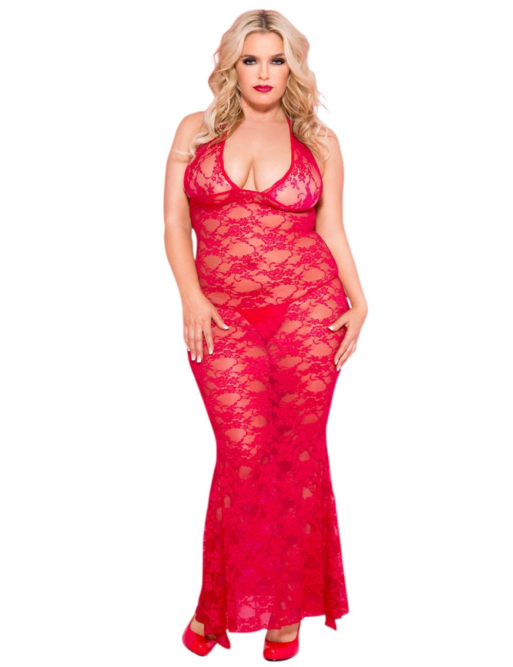 Nuisette grande taille longue rouge décolletée dentelle florale - ML53012XRED Nuisette grande taille longue rouge décolletée dentelle florale - ML53012XRED