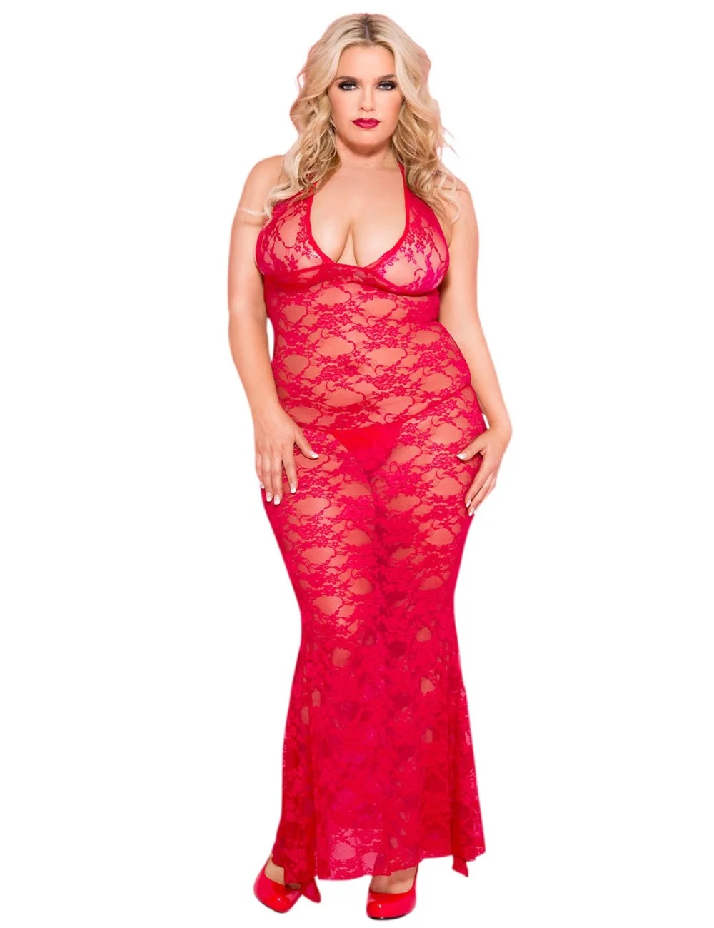 Nuisette grande taille longue rouge décolletée dentelle florale - ML53012XRED Nuisette grande taille longue rouge décolletée dentelle florale - ML53012XRED