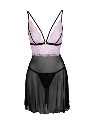 Nuisette en résille noire et dentelle rose sur la poitrine avec string noir - R2741342