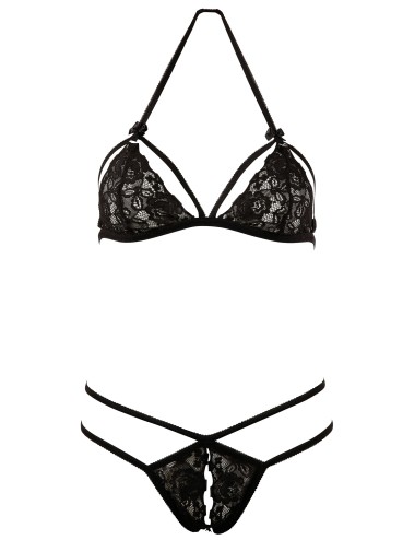 Soutien-gorge en dentelle noire avec bonnets détachables et string - R221125410