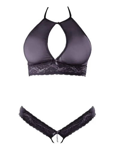 Soutien-gorge bandeau, en dentelle et résille noire et string ouvert - R2213648