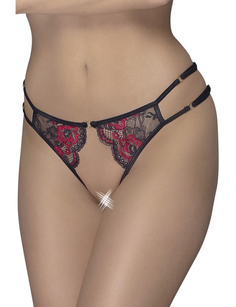Culotte ouverte en fine dentelle florale rouge et noire - R23221451101 Culotte ouverte en fine dentelle florale rouge et noire - R23221451101