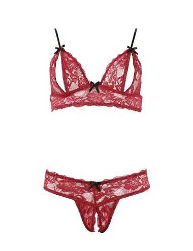 Soutien-gorge, bonnets ouverts, en dentelle rouge et string assorti - R2212447