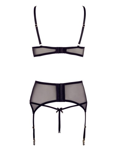 Soutien-gorge dentelle, porte-jarretelles et string ouvert noir - R2213052