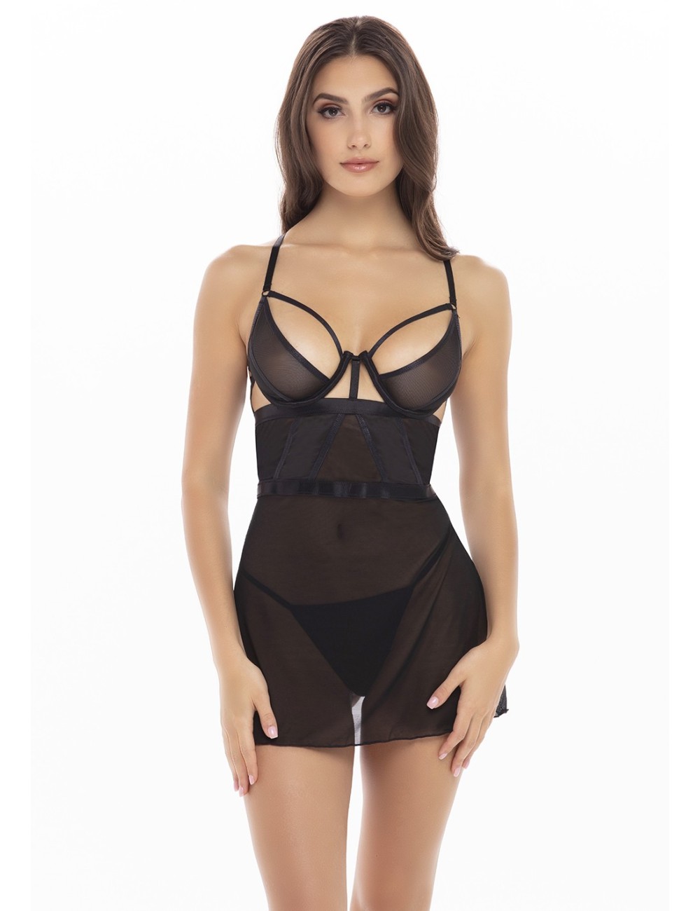 Nuisette résille noire aves string assorti - REN51013-BLK Nuisette résille noire aves string assorti - REN51013-BLK