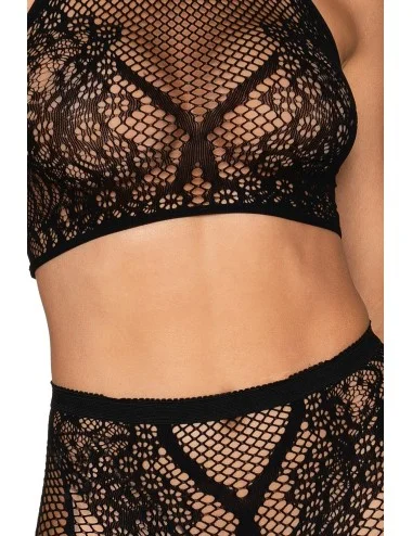 Ensemble Brassière fine résille et collant imprimé - DG0391BLK