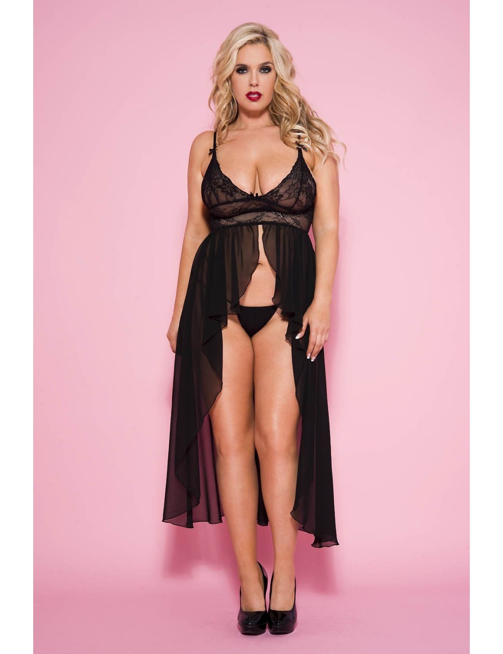 Nuisette longue noire transparente grande taille - ML53019XBLK Nuisette longue noire transparente grande taille - ML53019XBLK