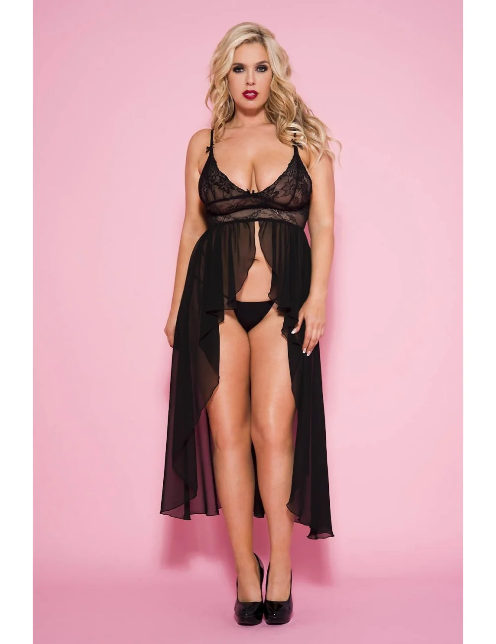 Nuisette longue noire transparente grande taille - ML53019XBLK Nuisette longue noire transparente grande taille - ML53019XBLK