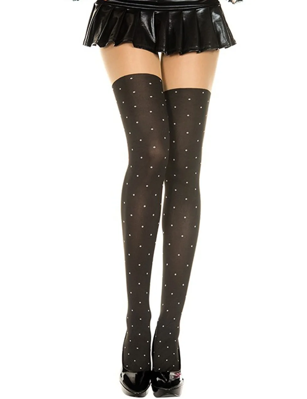 Collant fantaisie effet bas à pois blancs - MH7146BLK Collant fantaisie effet bas à pois blancs - MH7146BLK