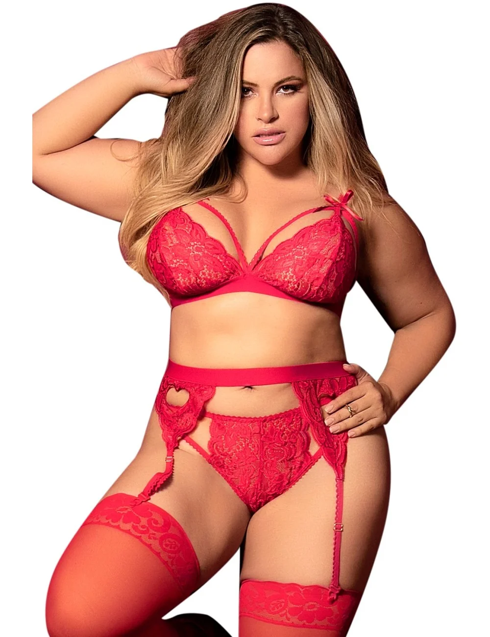 Ensemble 3 pièces rouge grande taille soutien-gorge string porte-jarretelles - MAL8221XRED Ensemble 3 pièces rouge grande taille soutien-gorge string porte-jarretelles - MAL8221XRED