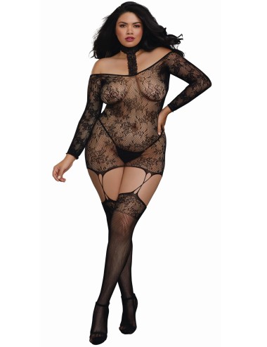 Bodystocking résille guêpière grande taille réversible avec tour de cou - DG0318XBLK