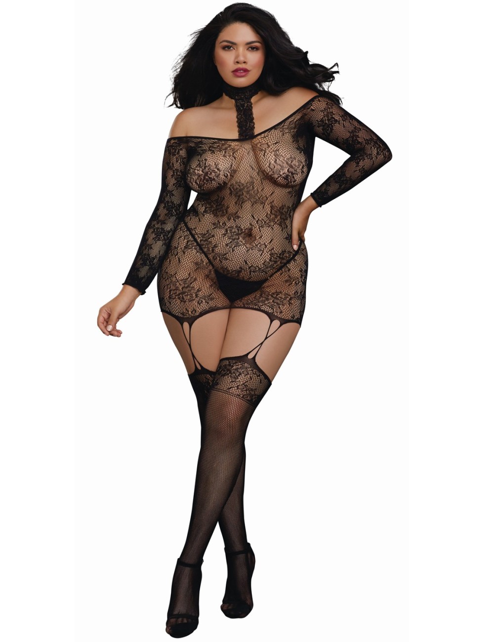 Bodystocking résille guêpière grande taille réversible avec tour de cou - DG0318XBLK Bodystocking résille guêpière grande taille réversible avec tour de cou - DG0318XBLK