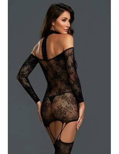 Bodystocking résille guêpière réversible avec tour de cou - DG0318BLK