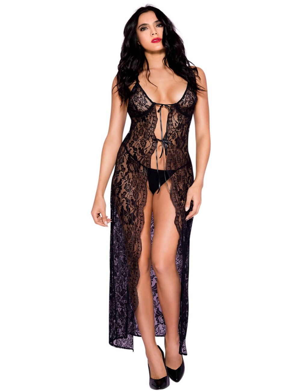 Nuisette déshabillée longue noire ouverte dentelle florale et string - ML53009BLK Nuisette déshabillée longue noire ouverte dentelle florale et string - ML53009BLK